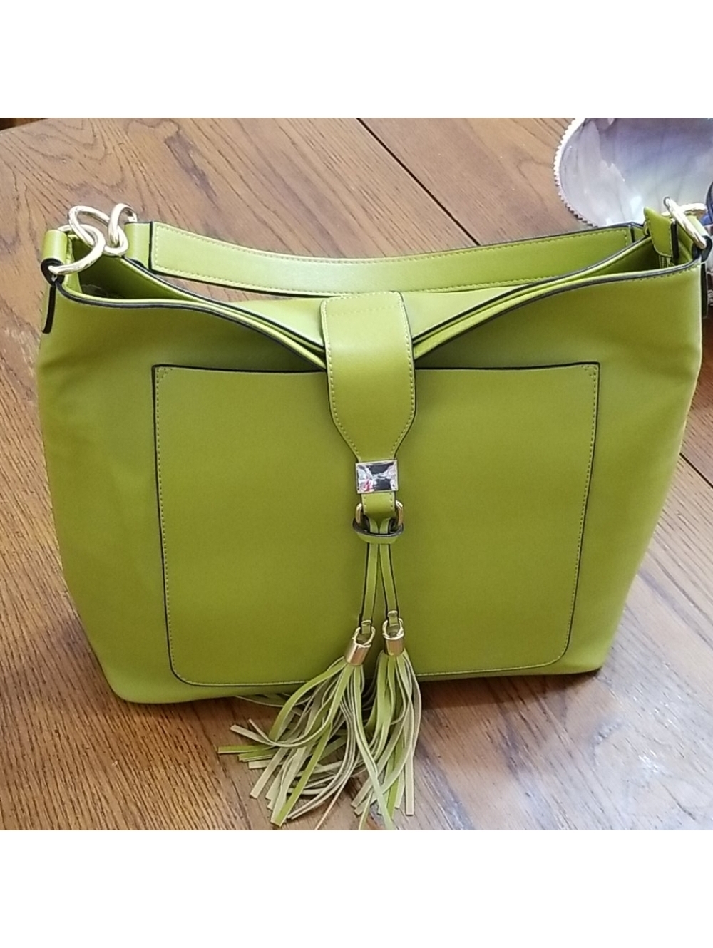 Segolene Paris Avocado Green Leather Hobo Purse with Tassels NWOT